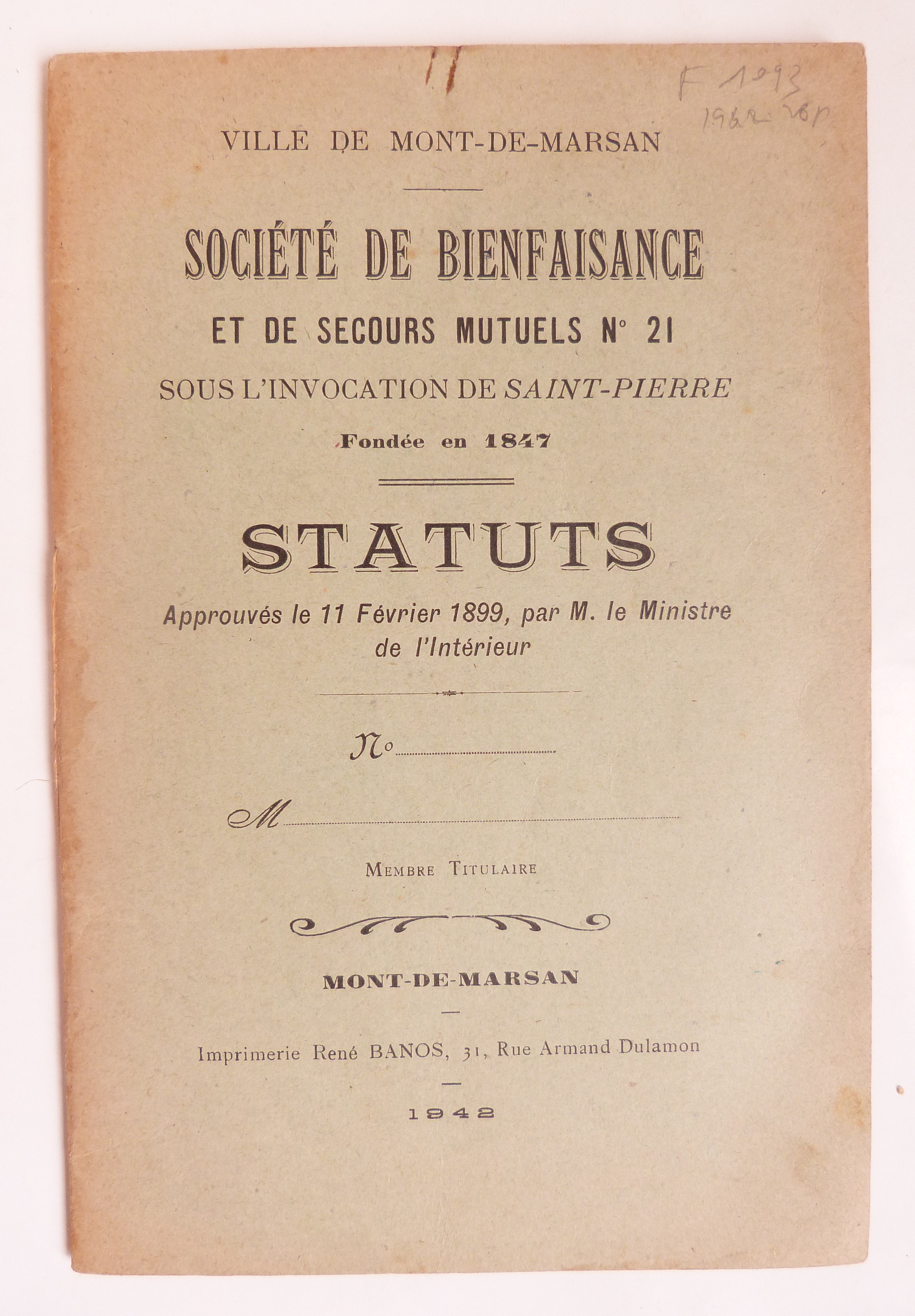 Société de bienfaisance et de secours mutuels n°21 sous l'invocation de Saint-Pierre